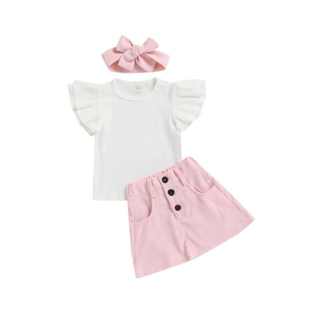 Kids Baby Girls 3pcs Outfits Set Flying Sleeve Ribbed T-Shirt Button Closure Skirt Headband White Pink 2-3 Years
Kids Baby Girls 3pcs Outfits Set Flying Sleeve Ribbed T-Shirt Button Closure Skirt Headband White Pink 2-3 Years