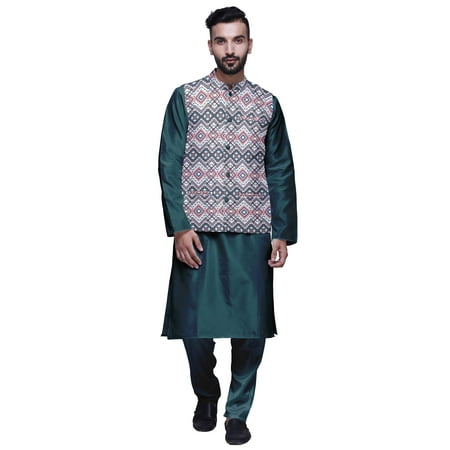 Atasi Mandarin Collar Traditional Solid Kurta Pajama With Printed Jacket Set