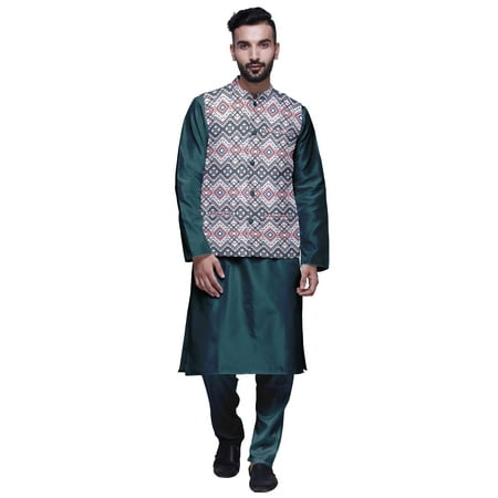 

Atasi Mandarin Collar Traditional Solid Kurta Pajama With Printed Jacket Set