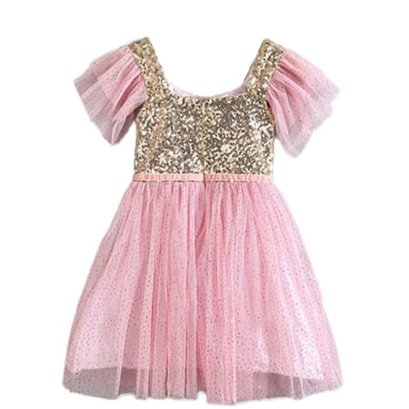 StylesILove Gold Sequin Tulle Flower Girl Dress 5 Colors (6-12 months / 90 Pink)