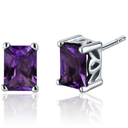 Peora 1.50 Ct Radiant Cut Amethyst Sterling Silver Stud Earrings Rhodium Finish