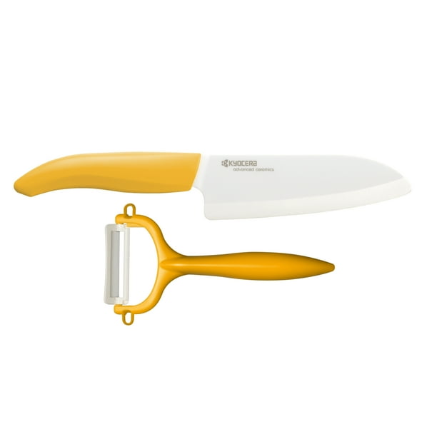 Kyocera Advanced Ceramic 5.5" Santoku Knife and Y Peeler 2 Piece Set, Yellow/White