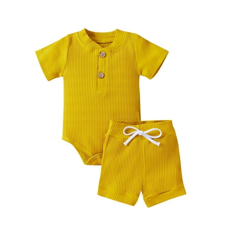 Summer Newborn Baby Boy Girl Ribbed Outfits Cotton Button Short Sleeve Tops Bodysuit + Shorts
Summer Newborn Baby Boy Girl Ribbed Outfits Cotton Button Short Sleeve Tops Bodysuit + Shorts