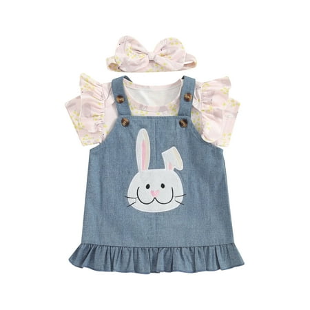 Biekopu Baby Girl Easter 3Pcs Outfit Bunny Print Short Sleeve Romper with Denim Overall Dress and Bow Headband
Biekopu Baby Girl Easter 3Pcs Outfit Bunny Print Short Sleeve Romper with Denim Overall Dress and Bow Headband
