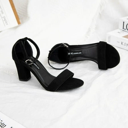 Youngneon MWC Women s Faux Suede Ankle Strap Chunky Block Heel Sandals Black
