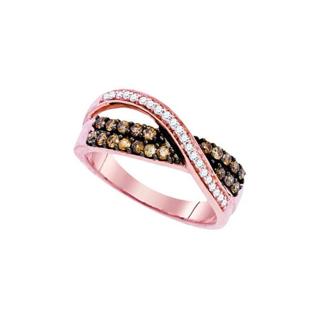 10kt Rose Gold Womens Round Cognac-brown Colored Diamond Crossover Band Ring 1/2 Cttw