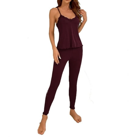 Womens Pajama Sets Lettuce Trim Spaghetti Strap Sleepwear Maroon L