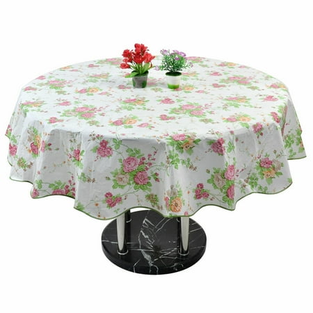 Vinyl Tablecloth Round 59 Dia Red and Green Flower Pattern Water Resistant