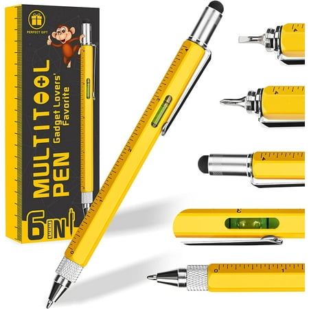 Multitool Pen Tools Cool Gadgets for Men - Stylus, Ruler, Level, Screwdriver - Stocking Stuffers Christmas Gifts for Men - Birthday Gifts for Dad Boyfriend Husband Him Friend Handyman - Yellow