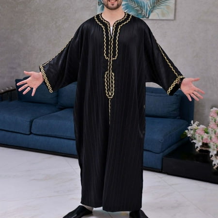 Men Stripe Jubba Kaftan Dishdash Thobe Saudi Arab Muslim Clothing Maxi Robe New