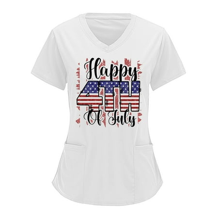 White Scrub Tops For Women Stretchy Flag Printing Independence Day Print Short Sleeve V-Neck Blouse Tops With Pockets Nursing Uniform
White Scrub Tops For Women Stretchy Flag Printing Independence Day Print Short Sleeve V-Neck Blouse Tops With Pockets Nursing Uniform