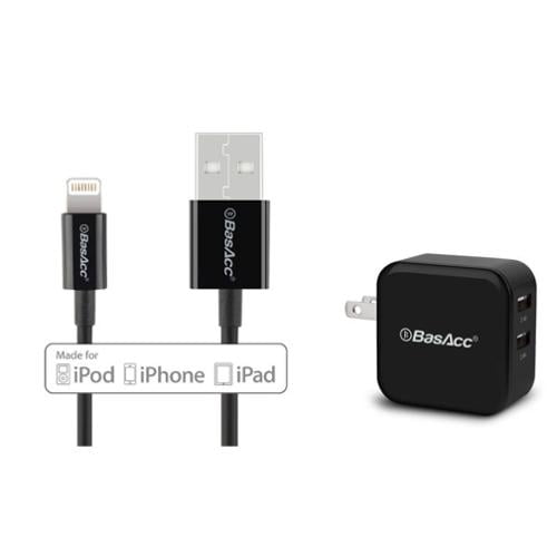 BasAcc (Apple MFi Certified) 8-Pin Lightning to USB Sync Cable + Dual Port 4.8A High Capacity AC Wall Home Charger for iPhone 7 6S 6 6+ Plus SE 5 5S iPad Air 2nd 1st Mini 4 3 2 Pro iPod Touch 6th 5th