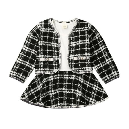 Bmnmsl Toddler Baby Girls Winter Clothes Plaids Coat Tops+Tutu Dress Formal Outfits
