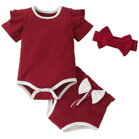 DNDKILG Newborn Infant Baby Toddler Girl 3PCS Bodysuit and Bow Shorts Set Outfits Ruffle Short Sleeve Summer Clothing Set with Headband Deep Red 0-2Y
DNDKILG Newborn Infant Baby Toddler Girl 3PCS Bodysuit and Bow Shorts Set Outfits Ruffle Short Sleeve Summer Clothing Set with Headband Deep Red 0-2Y