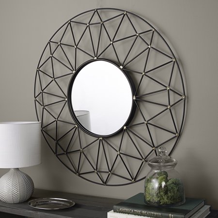 Manor Park Industrial Round Wall Mirror with Gold Accents