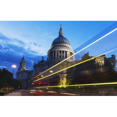 St Pauls Cathedral and light trails from a bus passing on the street in front London England Canvas Art - Mark Thomas Design Pics (19 x 12)