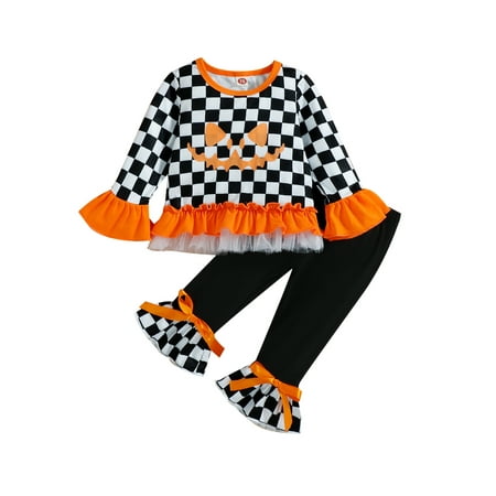 

Suanret Halloween Kids Toddler Girls 2Pcs Clothes Sets Checkerboard Print Long Sleeve Mesh Yarn Tops Flared Trousers Orange 9-12 Months