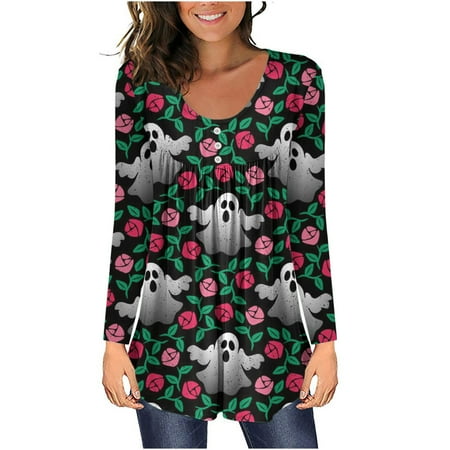 Womens Fall Halloween Tops Hide Belly Tunic Flowy Pleated Long Sleeve T Shirts Dressy Casual Blouses for Leggings