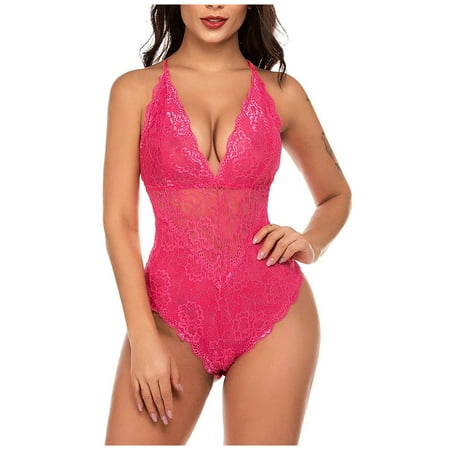 

adviicd Lingerie Plus Size Lingerie for Women Naughty Scallop Lace Choker Plunge V Neck Snap Crotch Bodysuit One Piece Teddy Pink 2XL