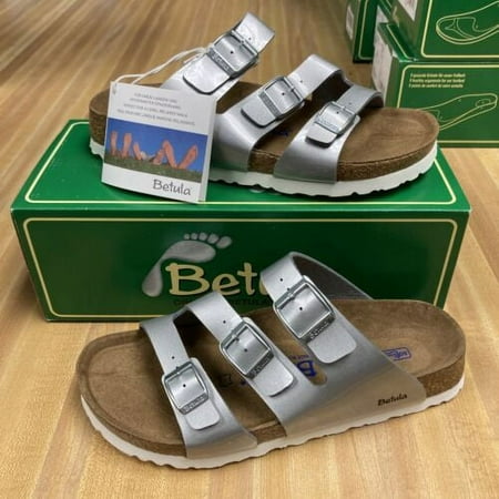 Women s Betula Birkenstock Leo Soft Sandals Metal Silver Narrow fit Size 7 US