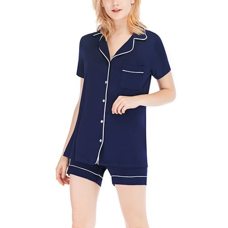 

S-2XL Women s Notch Collar Short Sleeve Sleepwear Two Piece Pajama Set Ladies Button Down Tops+Shorts PJ Sets