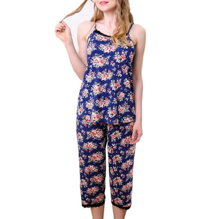 Doublju Women s Sleeveless Lace Top Capri Pajama 2 Pcs Set (Plus Size Available)