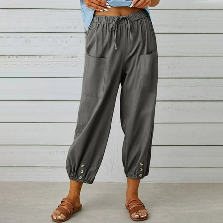 

Womens Cotton Linen Capri Pants Summer Elastic Waisted Casual Pants Wide Leg Loose Fit Comfy Pajama Beach Trousers CHMORA(Dark Gray M)