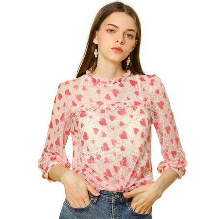 Allegra K Women's 3/4 Sleeves Ruffle Neck Sheer Lace Top White-Red Heart (Size M / 10)
