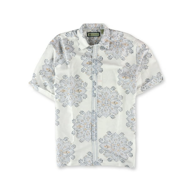 Havanera Mens Patterned Linen-Blend Button Up Shirt, White, Small