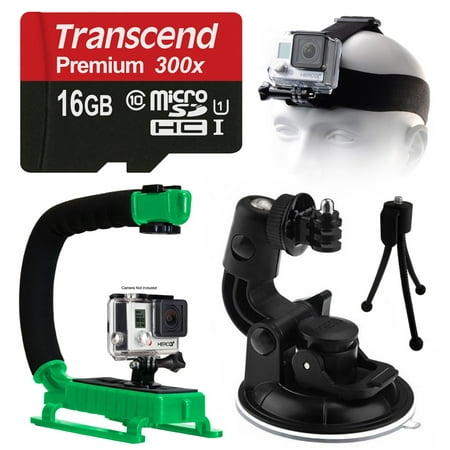 Opteka xGrip Stabilizing Action Grip Handle Handheld Holder (Green) , 16GB MicroSD Card, Car Mount+ Head Strap, Mini Tripod, Dust Removal Cleaning Care Kit for GoPro Hero4 Hero3+ Hero3, Camera