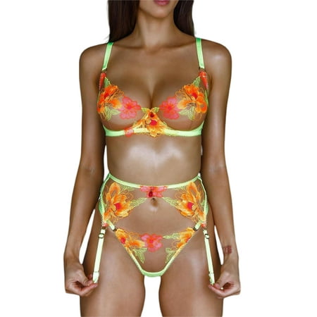 Chollius Female Flower Embroidery See-Through Brassiere+ Panties+ Garter 
Chollius Female Flower Embroidery See-Through Brassiere+ Panties+ Garter