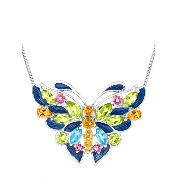 4 1/6 ct Natural Peridot, Citrine, Swiss Blue Topaz, Pink Tourmaline Butterfly Pendant Necklace in Silver, 18"