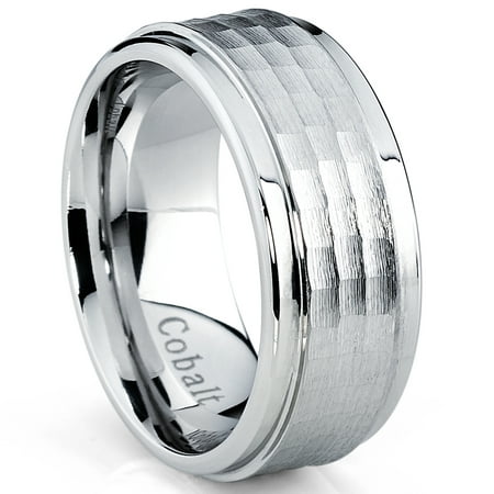 Cobalt Chrome Men's Brushed Hammered Wedding Band Ring, Comfort Fit 9mm
