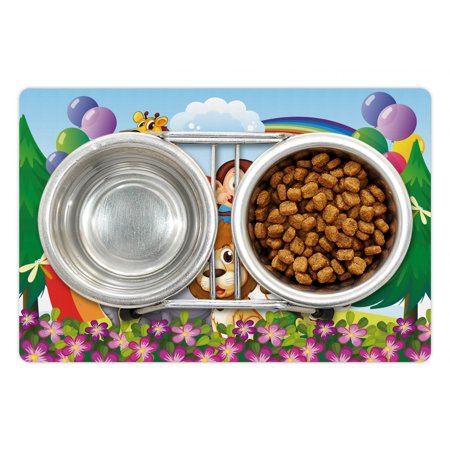 Nursery Pet Mat for Food and Water, Group of Animals at the Hilltop with a Rainbow and Balloons Fresh Garden Happy, Non-Slip Rubber Mat for Dogs and Cats, 18" X 12", by Ambesonne