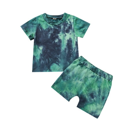 2Pcs Kids Baby Boy Girl Casual Clothes Set Tie Dye Print Knitted Short Sleeve T-Shirt Top + Loose Shorts Outfits