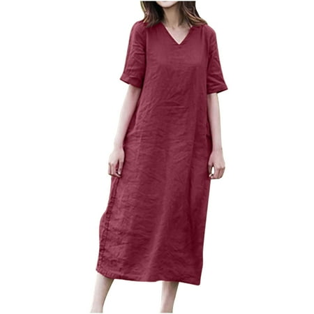 

Women s Short Sleeve Dress Cotton Linen Plus Size Loose Fit Swing Fall T-Shirt Maxi Dress Casual V-Neck Solid Color Pleat Long Length Down Shift Dresses