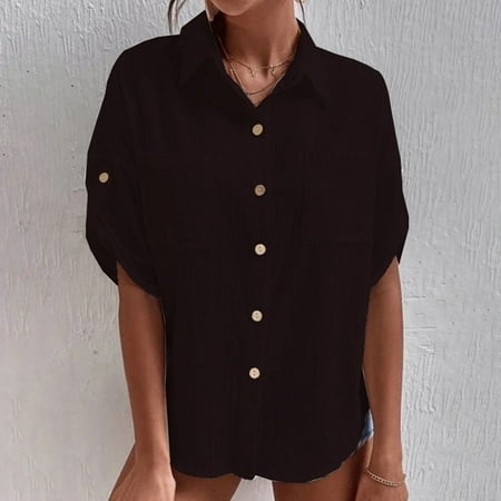 Womens Button Down V Neck Denim Shirts Long Sleeve Blouse Roll Up Cuffed Sleeve Casual Work Plain Tops with Pockets
Womens Button Down V Neck Denim Shirts Long Sleeve Blouse Roll Up Cuffed Sleeve Casual Work Plain Tops with Pockets