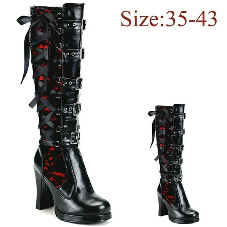 Fashion Women Cross Tied Leather Kneeth Platform Boots Gothic Bows Shoes