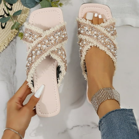 Christmas Womens Shoes Summer Square Toe Slippers Fashion Pearl Rhinestones Tassel Casual Beach Slippers
Christmas Womens Shoes Summer Square Toe Slippers Fashion Pearl Rhinestones Tassel Casual Beach Slippers
