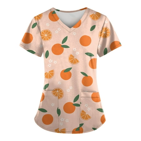 

Sksloeg Womens Scrub Tops Stretchy Cartoon Printed Top Fruit Patterned V-Neck Workwear T-Shirts With Pockets Nursing Working Uniform Orange L