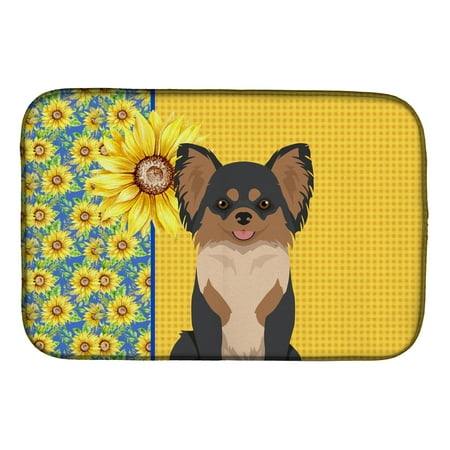 Summer Sunflowers Longhaired Black and Tan Chihuahua Dish Drying Mat 14 in x 21 in