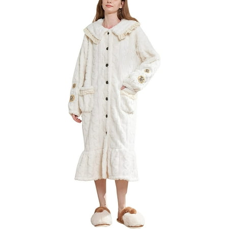 DanceeMangoos Womens Fleece Robes Warm Fuzzy Pajamas Full Length Ruffle Nightgown Loungewear