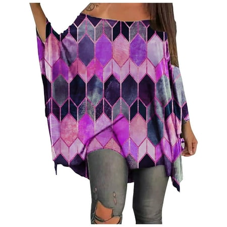 

CZHJS Short Sleeve Tees Women T-Shirts Summer Tunic Loose Fitting Casual Elegant Dressy Geometric Printed Ombre Vacation Shirt Strapless Tops Purple L