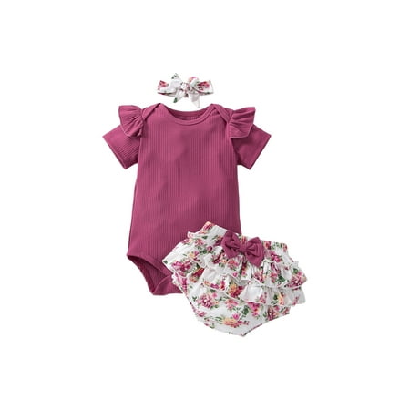 Suanret Newborn Baby Girls 3Pcs Outfits Short Sleeve Round Neck Romper + Floral Print Bow Ruffles Shorts + Hairband Purple-Red 3-6 Months
Suanret Newborn Baby Girls 3Pcs Outfits Short Sleeve Round Neck Romper + Floral Print Bow Ruffles Shorts + Hairband Purple-Red 3-6 Months