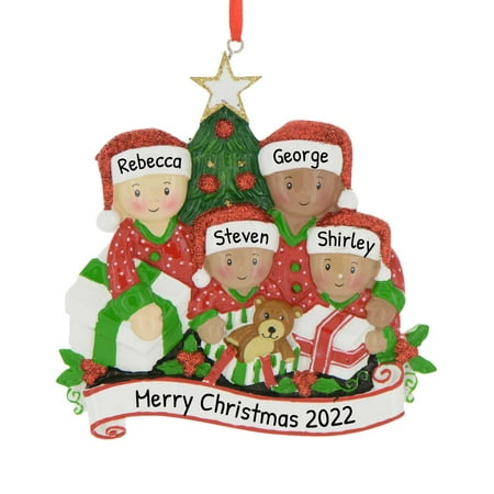 Personalized Family Ornament 2022 - Family of Four Christmas Ornaments 2022 - Pajama Family Ornament Family of 4 Present Ornaments Biracial Family Ornaments 2022 - Free Customization