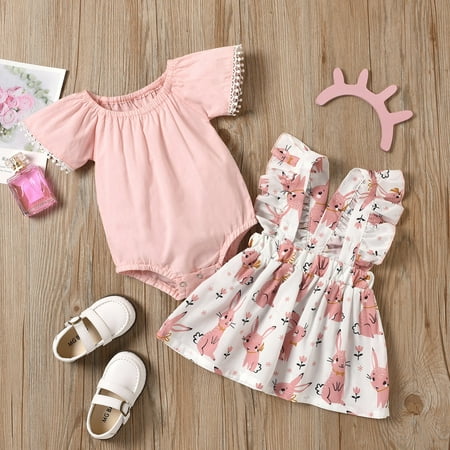 kpoplk Summer Outfits For Baby Girls Baby Girls Floral Short Sleeve Romper Ruffled Bodysuit Jumpsuit Headband Summer Outfit(Pink)