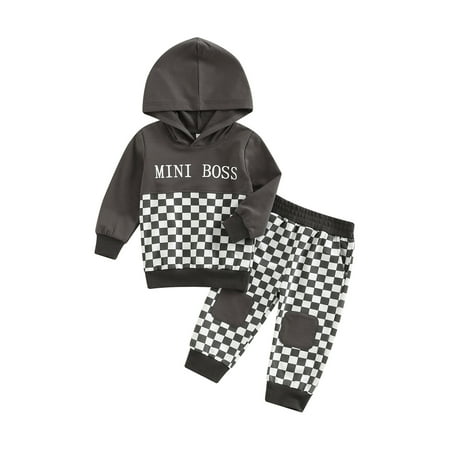 Canrulo Newborn Baby Girls Boys 2Pcs Fall Winter Outfits Plaids Long Sleeve Hoodie Sweatshirt Tops and Pants Infant Tracksuit Gray 3-6 Months