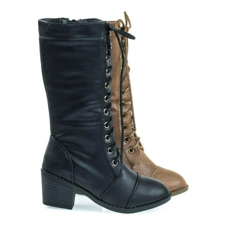 Eury6K by Link, Kid's Military Combat Boots W Chunky Block Heel, Lace UP & Zipper Closure
