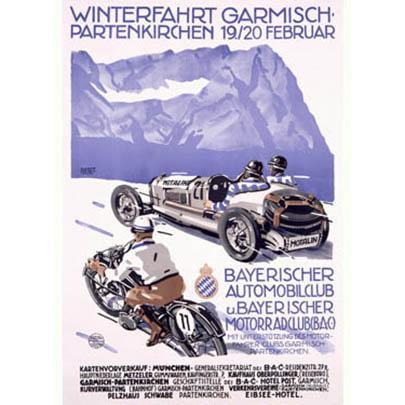 ArteHouse Fine Art Print "Winterfahrt Garmisch-Partenkirchen Car Race Ad" by Artist Alfred Hierl, Unmounted Cotton Canvas, 18" x 24"