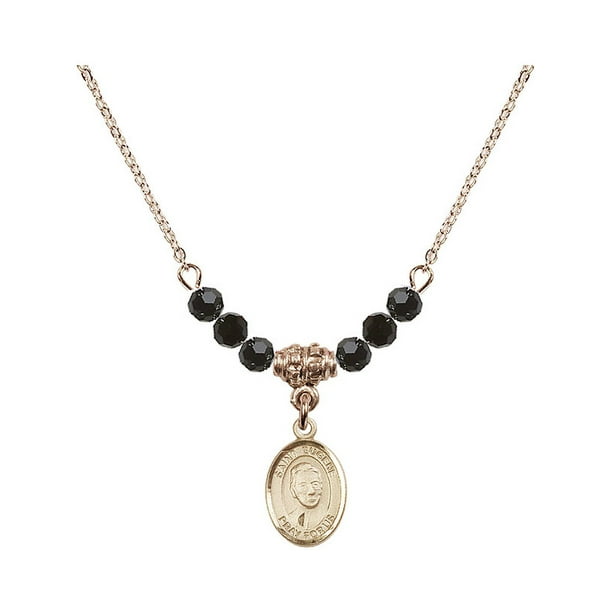 18-Inch Hamilton Gold Plated Necklace with 4mm Jet Birth Month Stone Beads and Saint Eugene de Mazenod Charm